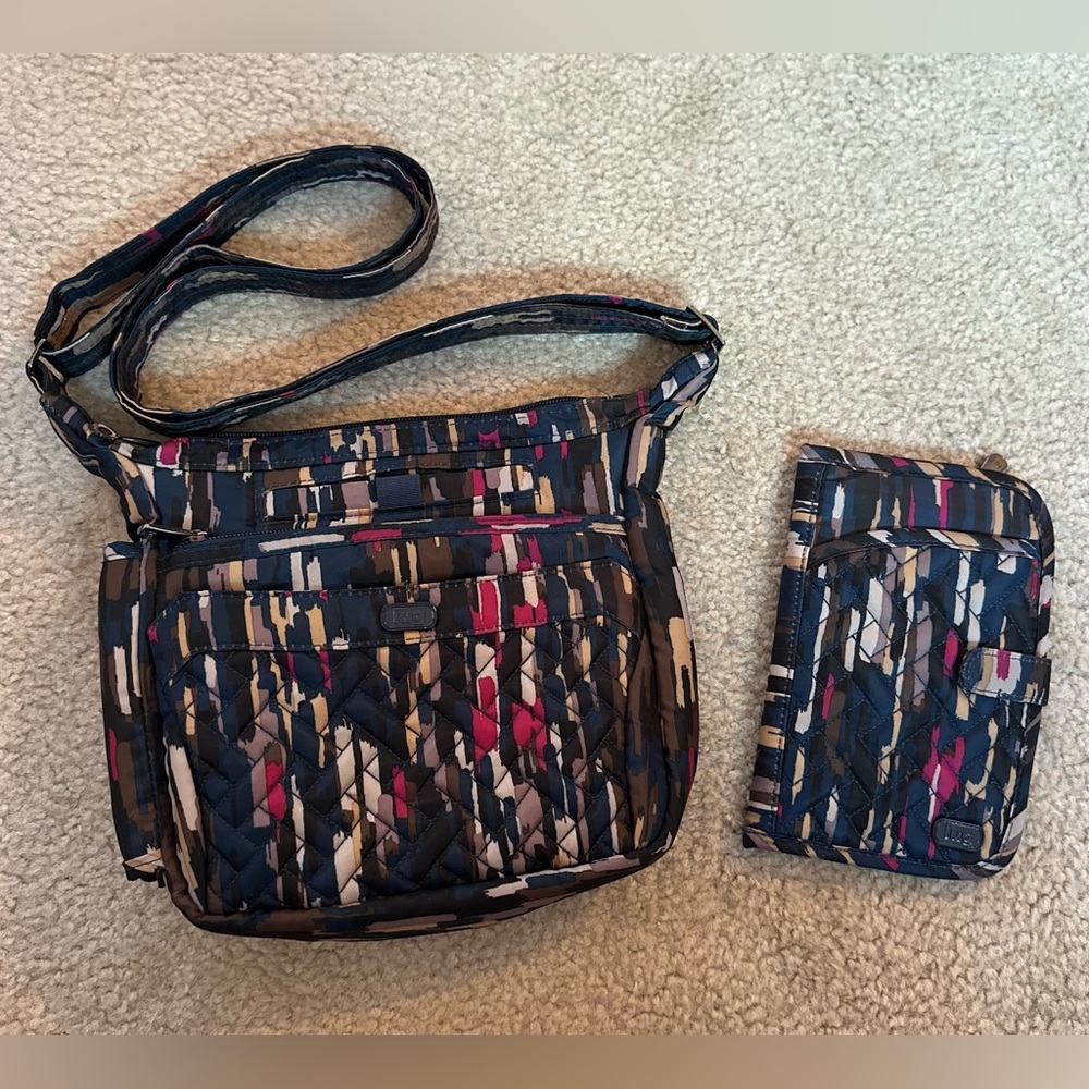 Lug SET Flutter Crossbody Bag Purse + Tandem Snap Wallet Riverwalk Blue EUC!